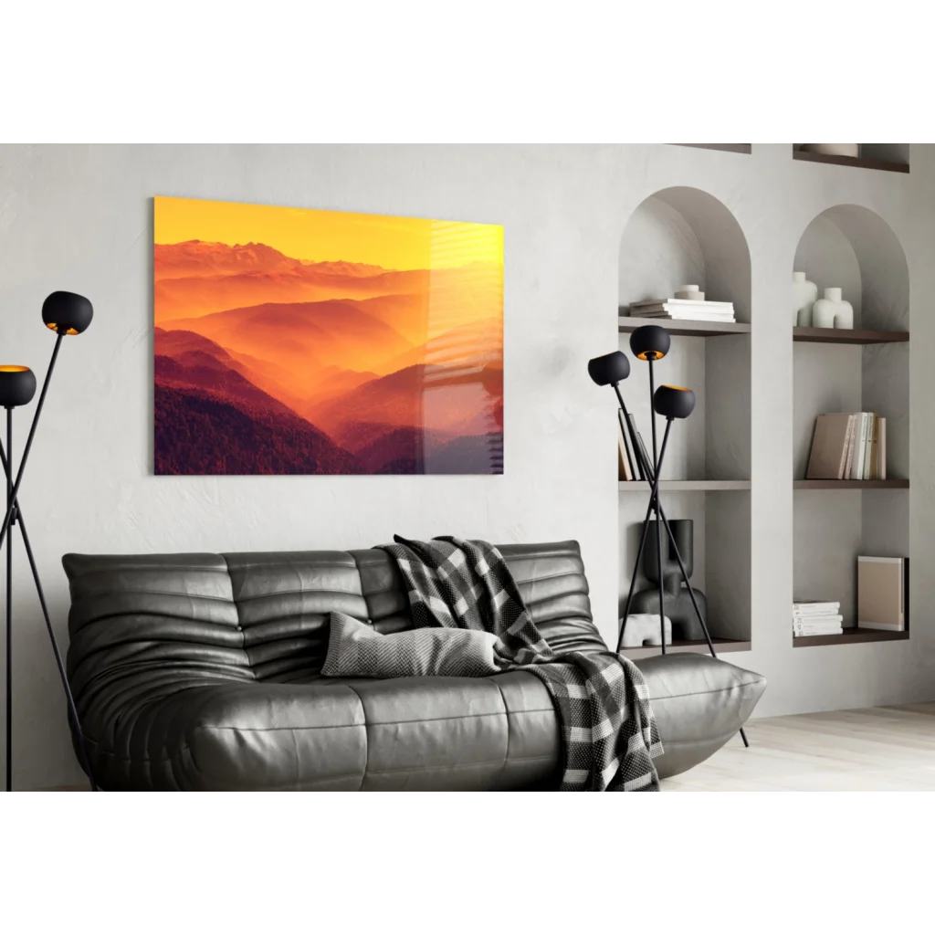 Fiery Mountain Sunset Glass Wall Art Print | Contemporary Home Wall Art | vintageantiquesgifts.com