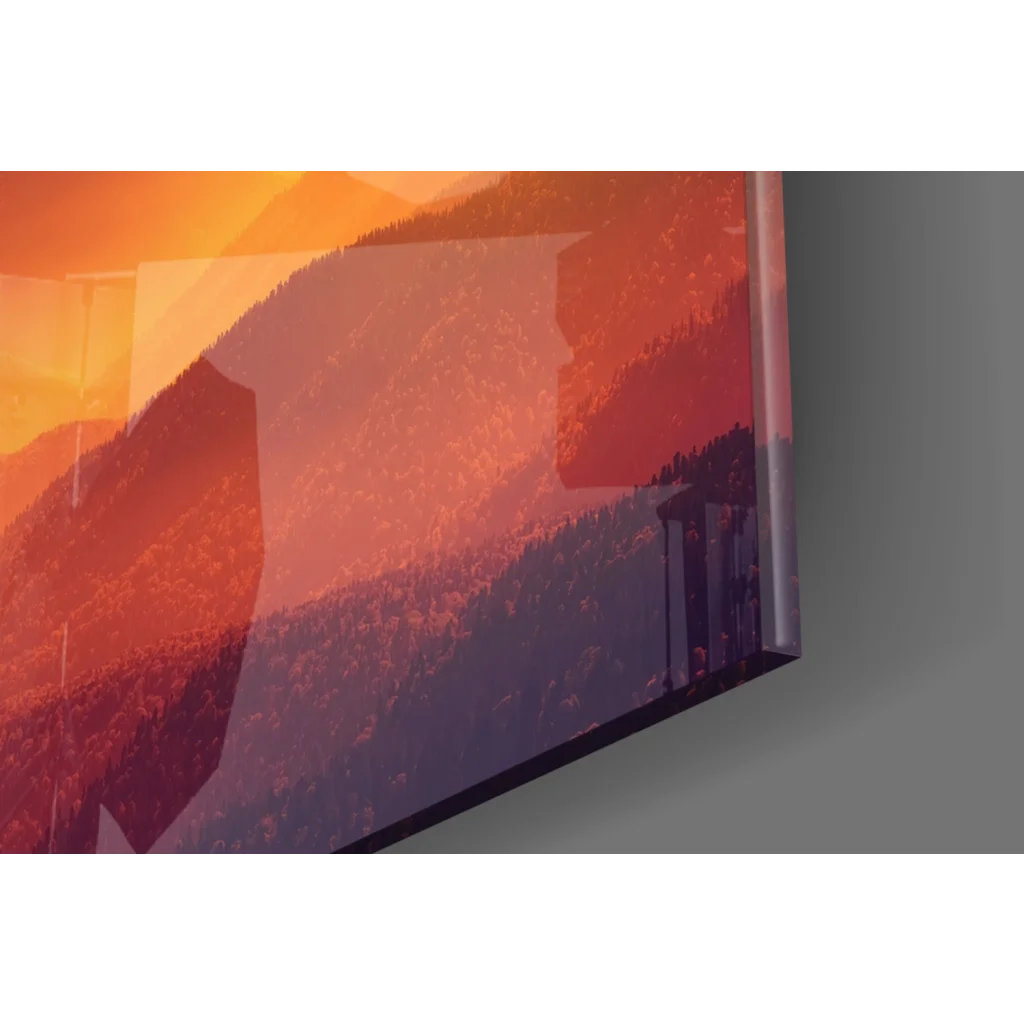 Vibrant Fiery Mountain Sunset on sleek glass wall art TV display