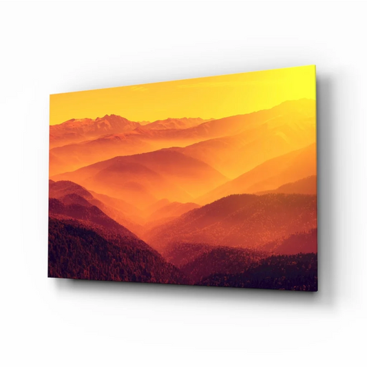 Fiery Mountain Sunset Glass Wall Art Print | Insigneart USA | vintageantiquesgifts.com