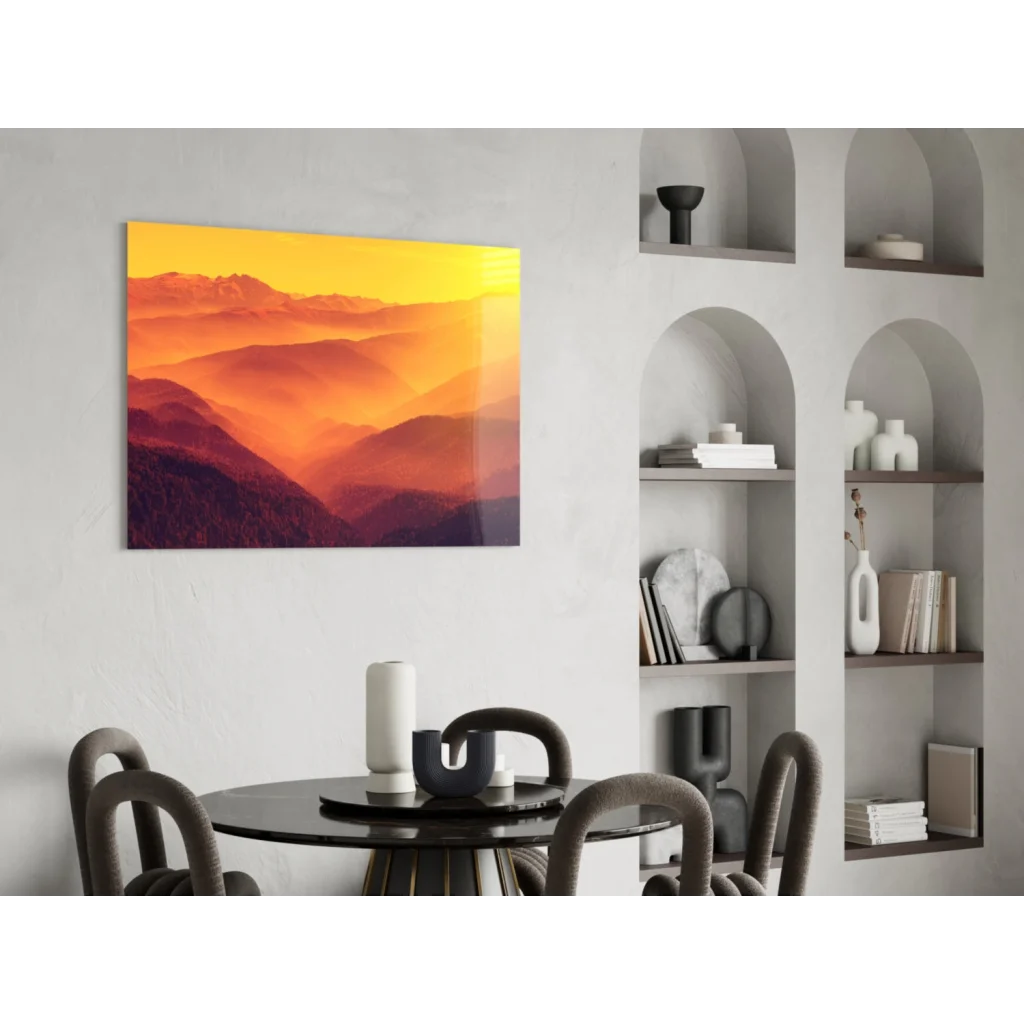 Fiery Mountain Sunset glass wall art print on modern wall