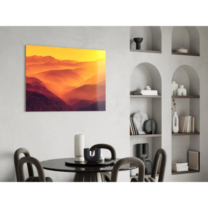 Fiery Mountain Sunset glass wall art print on modern wall