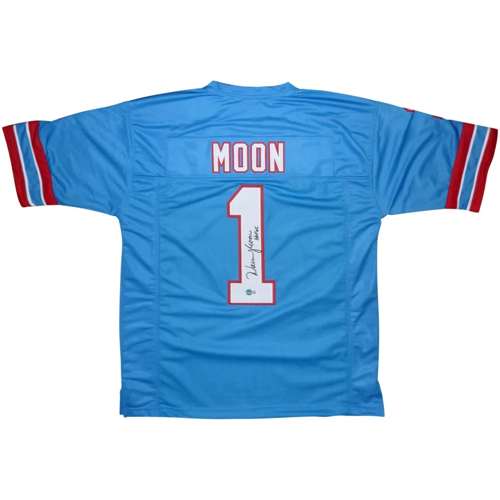 Warren Moon autographed Houston Oilers baby blue #1 jersey with Moon signature
