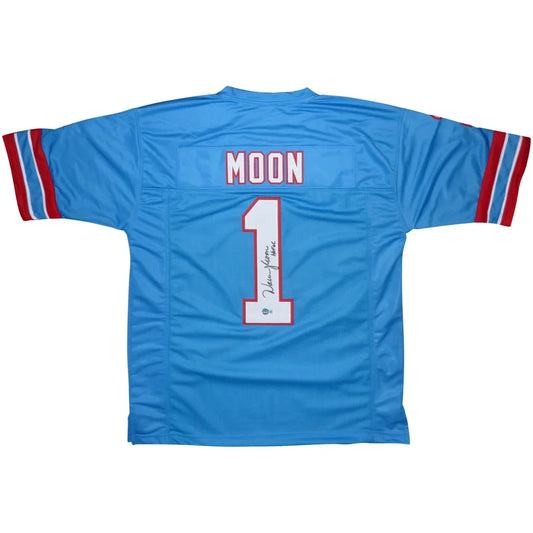 Warren Moon autographed Houston Oilers baby blue #1 jersey with Moon signature