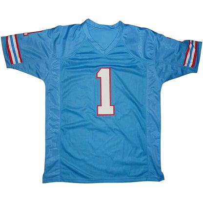 Warren Moon autographed Houston Oilers baby blue jersey with number 1
