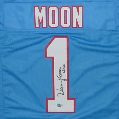 Warren Moon autographed Houston Oilers baby blue jersey with number 1