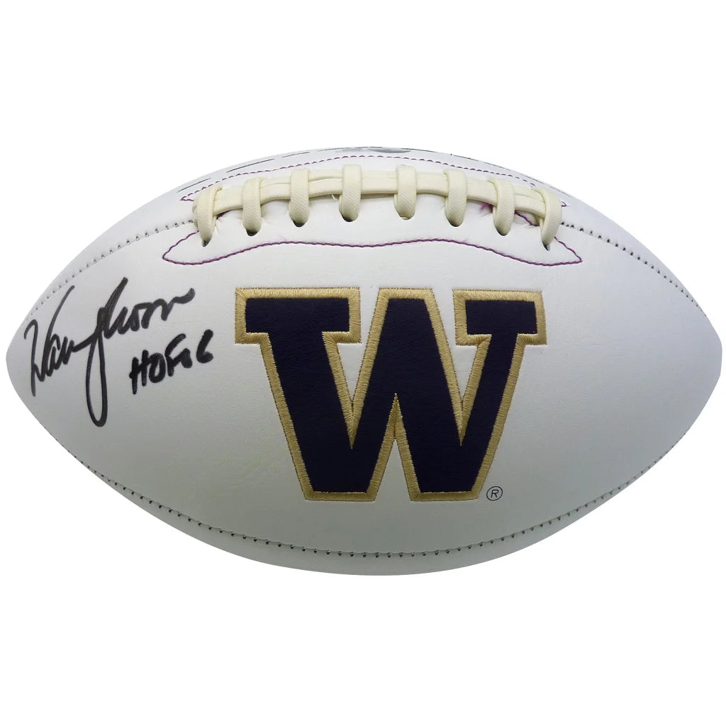 Warren Moon signed Washington Huskies white leather football with navy blue and gold W logo
