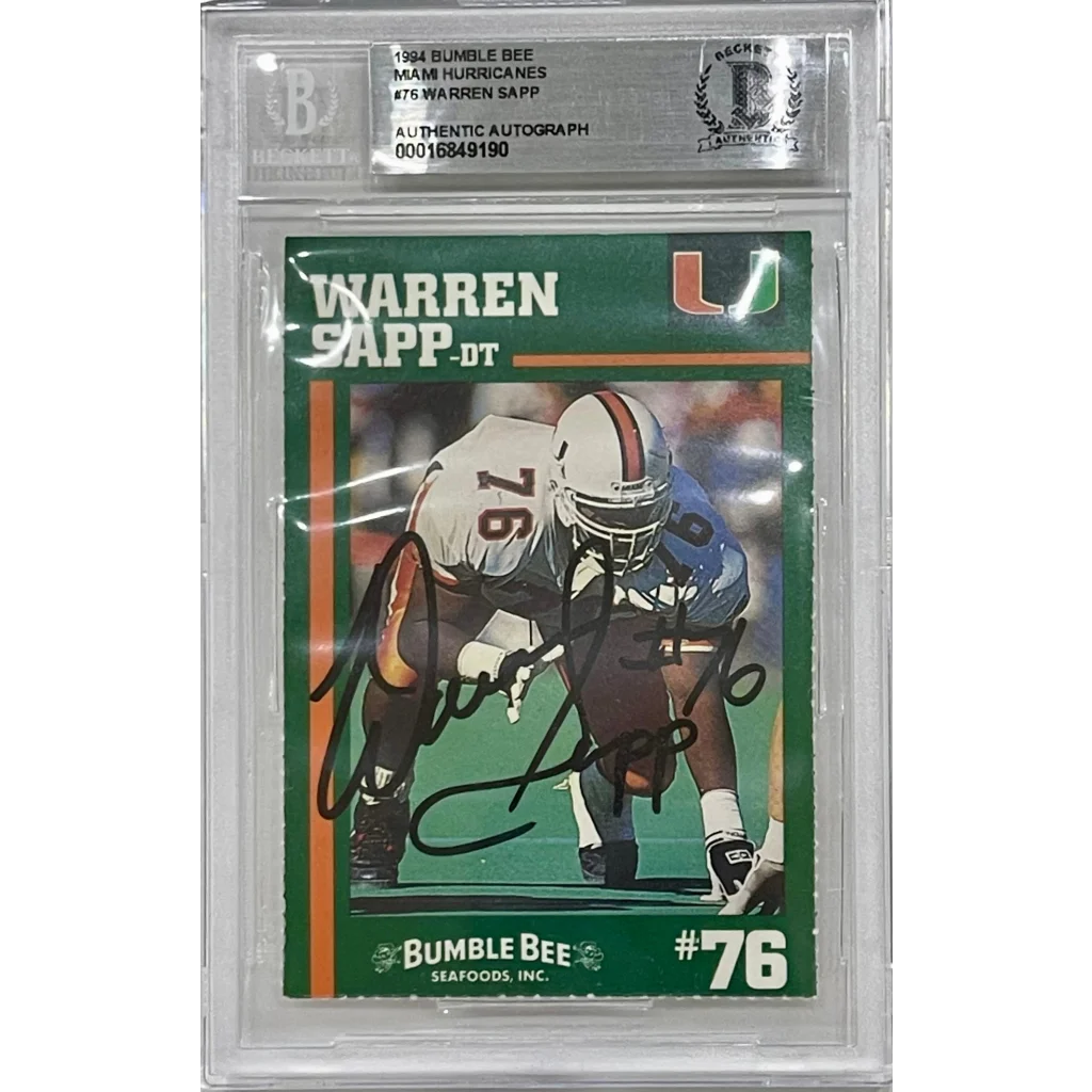 Warren Sapp autographed 1984 Miami Hurricanes bumble bee card, slabbed