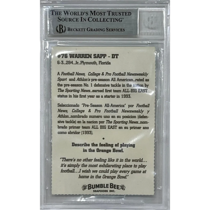 Beckett graded #76 Warren Sapp Miami Hurricanes Bumble Bee card