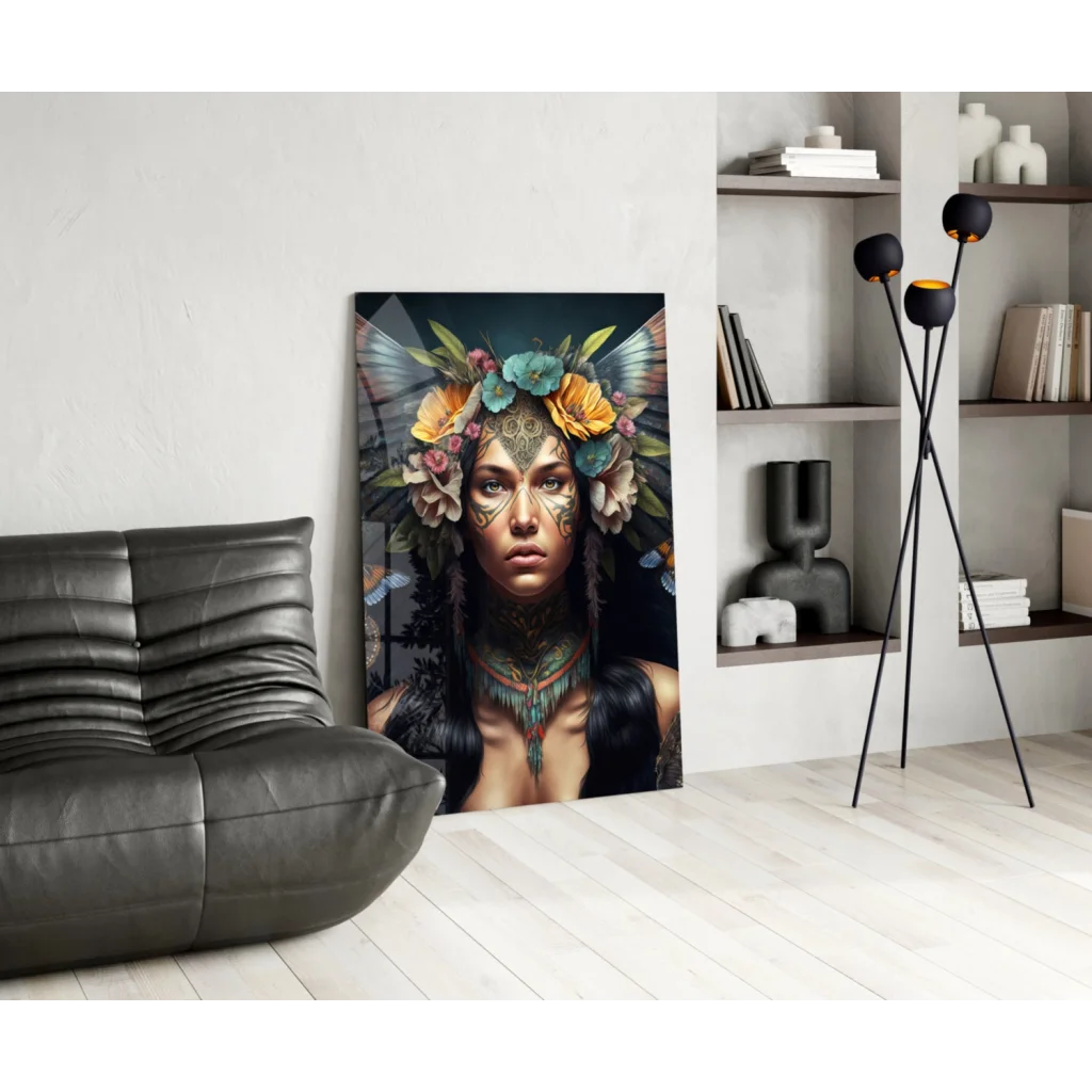 Vibrant floral crown goddess glass wall art canvas print of painted woman