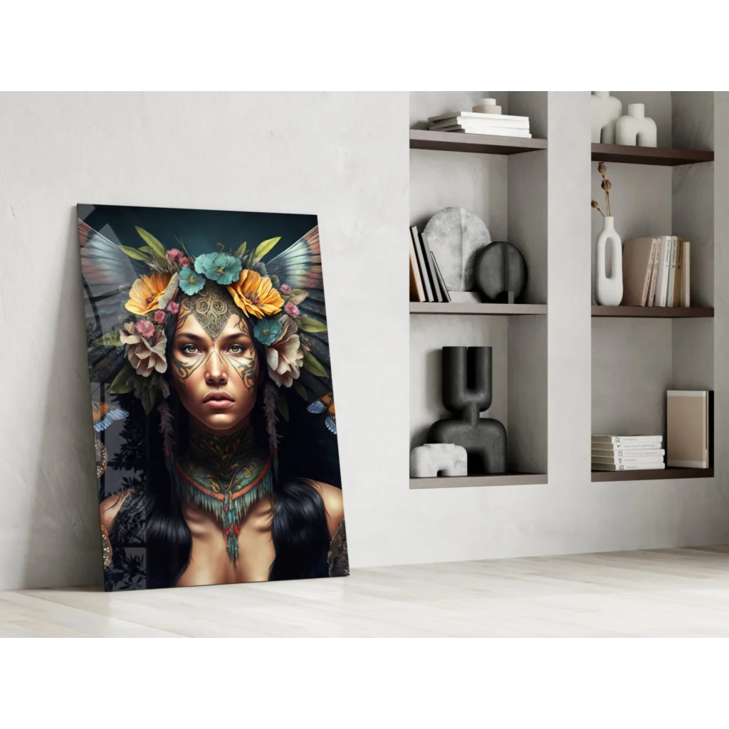 Vibrant Floral Crown Goddess glass wall art canvas print with teal orange pink motifs