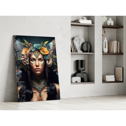 Vibrant Floral Crown Goddess glass wall art canvas print with teal orange pink motifs