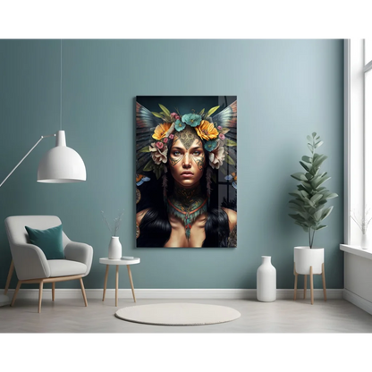 Vibrant floral crown goddess glass wall art canvas print on teal wall