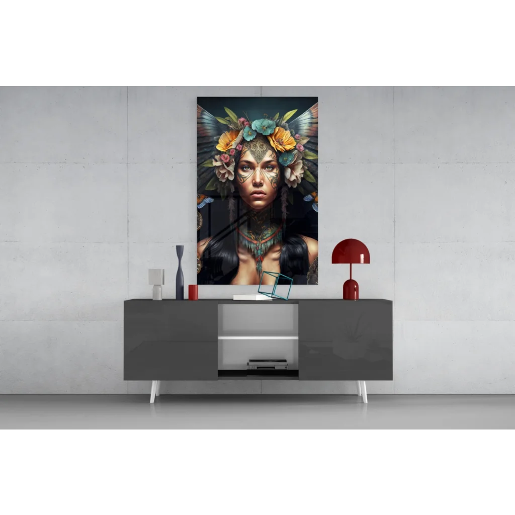 Vibrant floral crown goddess glass wall art canvas print with woman in feathered headpiece and tattoos