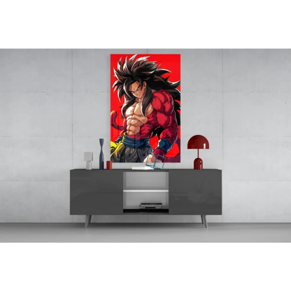 Vibrant muscular anime warrior glass wall art in red and black