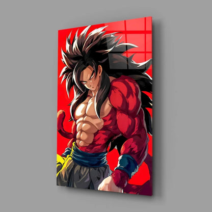Vibrant red and black spiky haired warrior glass wall art poster