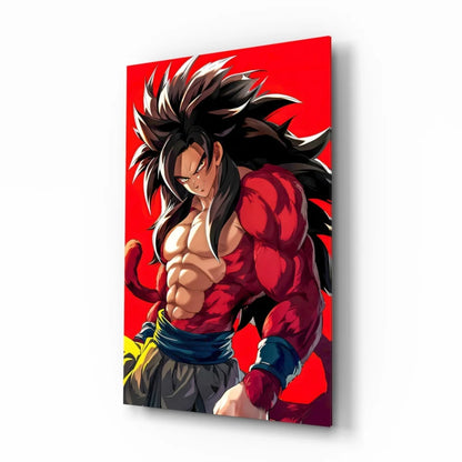 Vibrant red glass wall art of spiky haired anime warrior in red gi