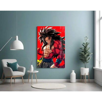 Vibrant red spiky haired warrior glass wall art with muscular anime character