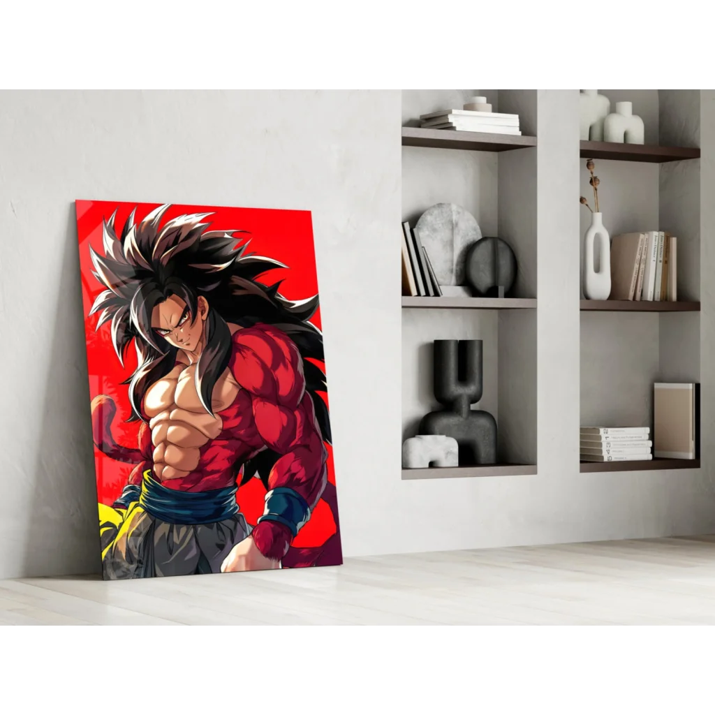 Spiky haired warrior glass wall art with red gi anime print