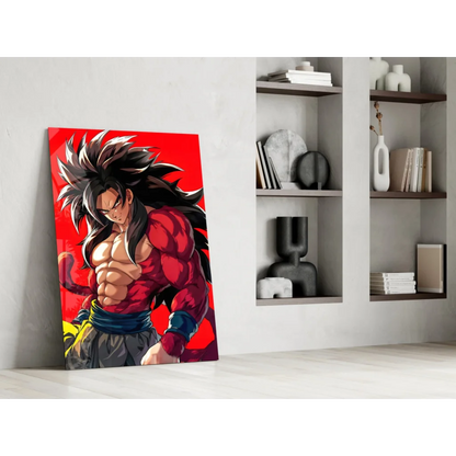 Spiky haired warrior glass wall art with red gi anime print