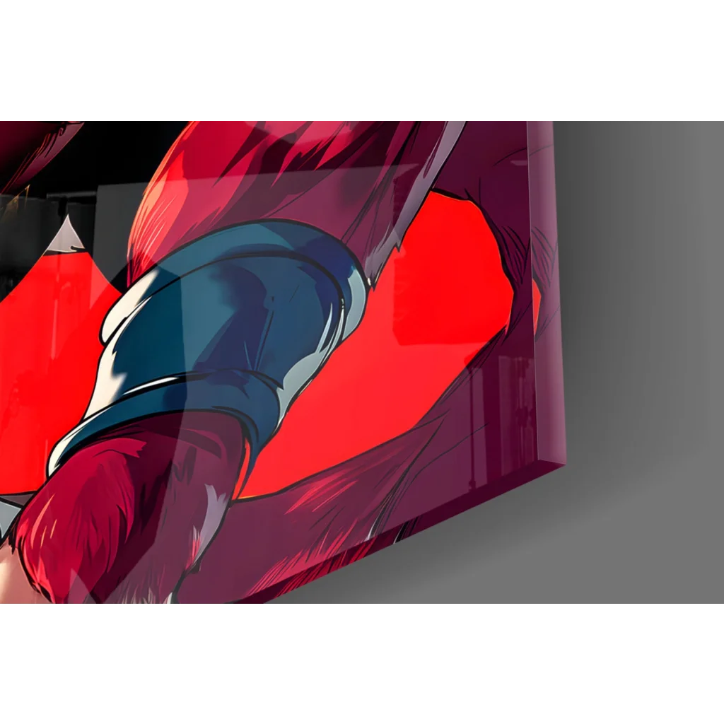 Vibrant red and blue spiky haired warrior anime glass wall art on angled canvas