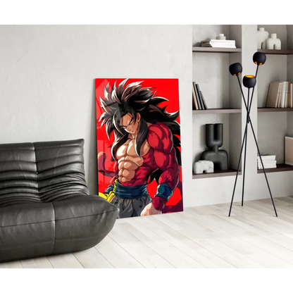Vibrant red glass wall art of muscular spiky-haired anime warrior