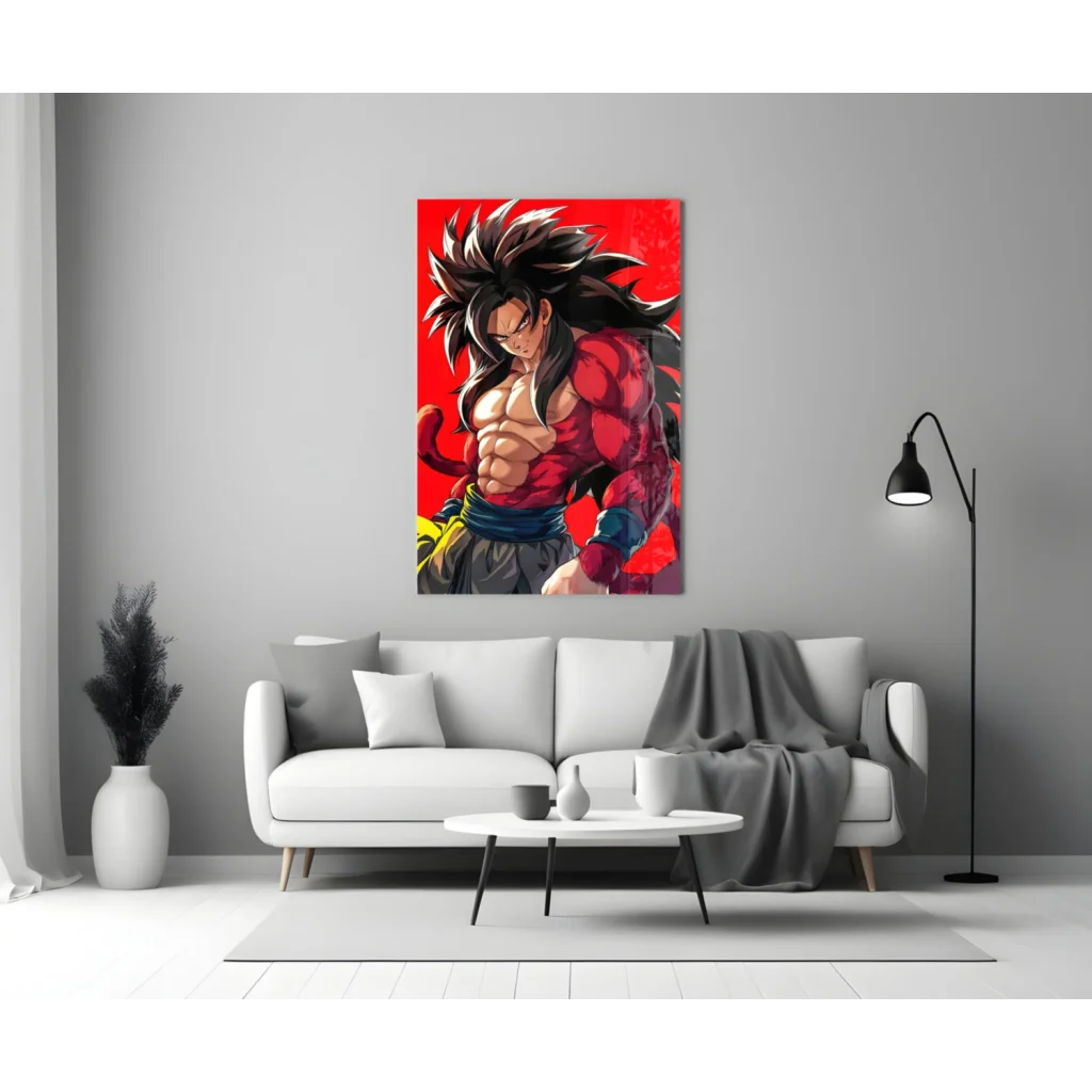 Vibrant red and black spiky haired warrior glass wall art