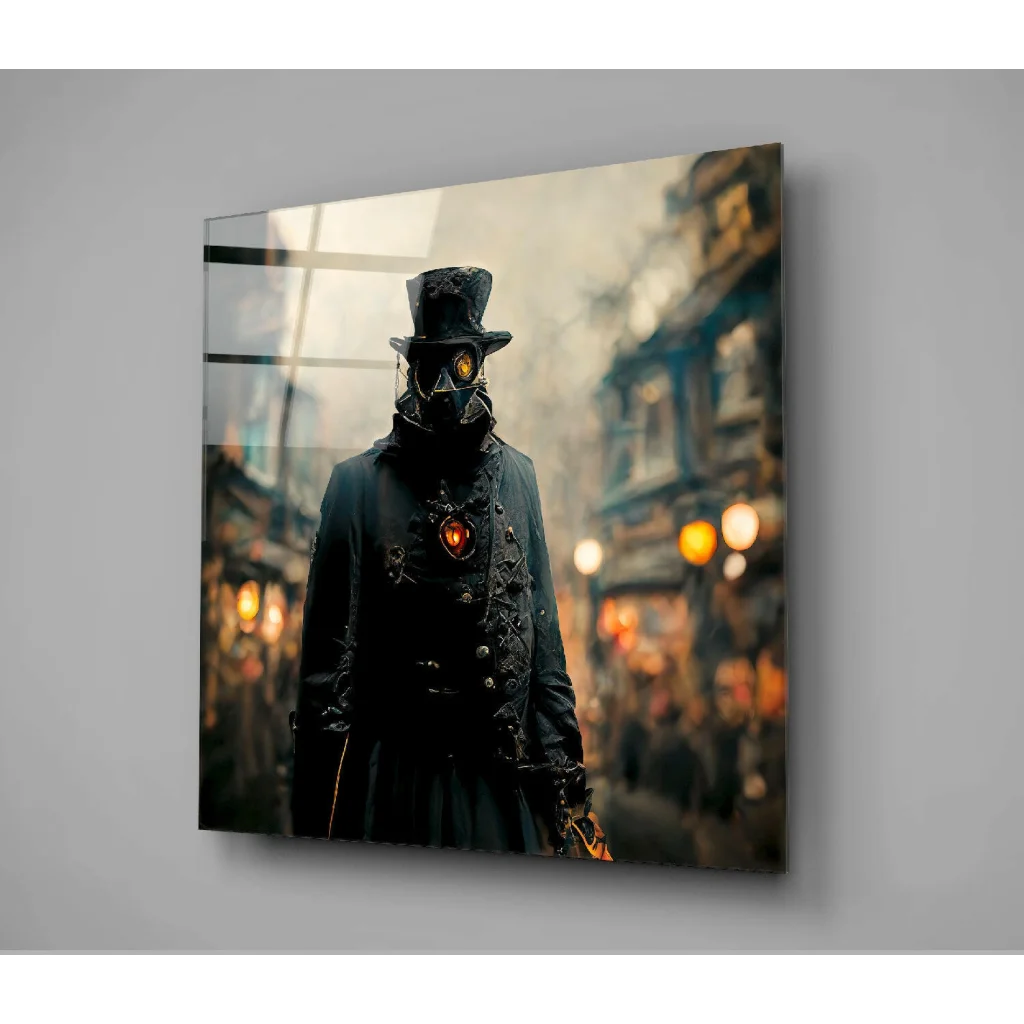 Steampunk glass wall art with glowing yellow goggles and red heart pendant