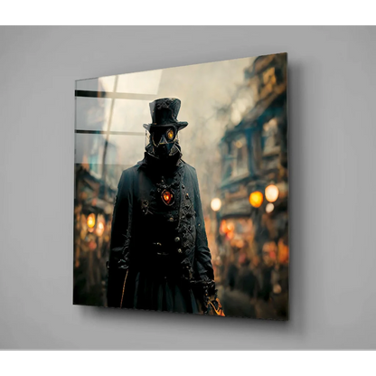 Steampunk glass wall art with glowing yellow goggles and red heart pendant