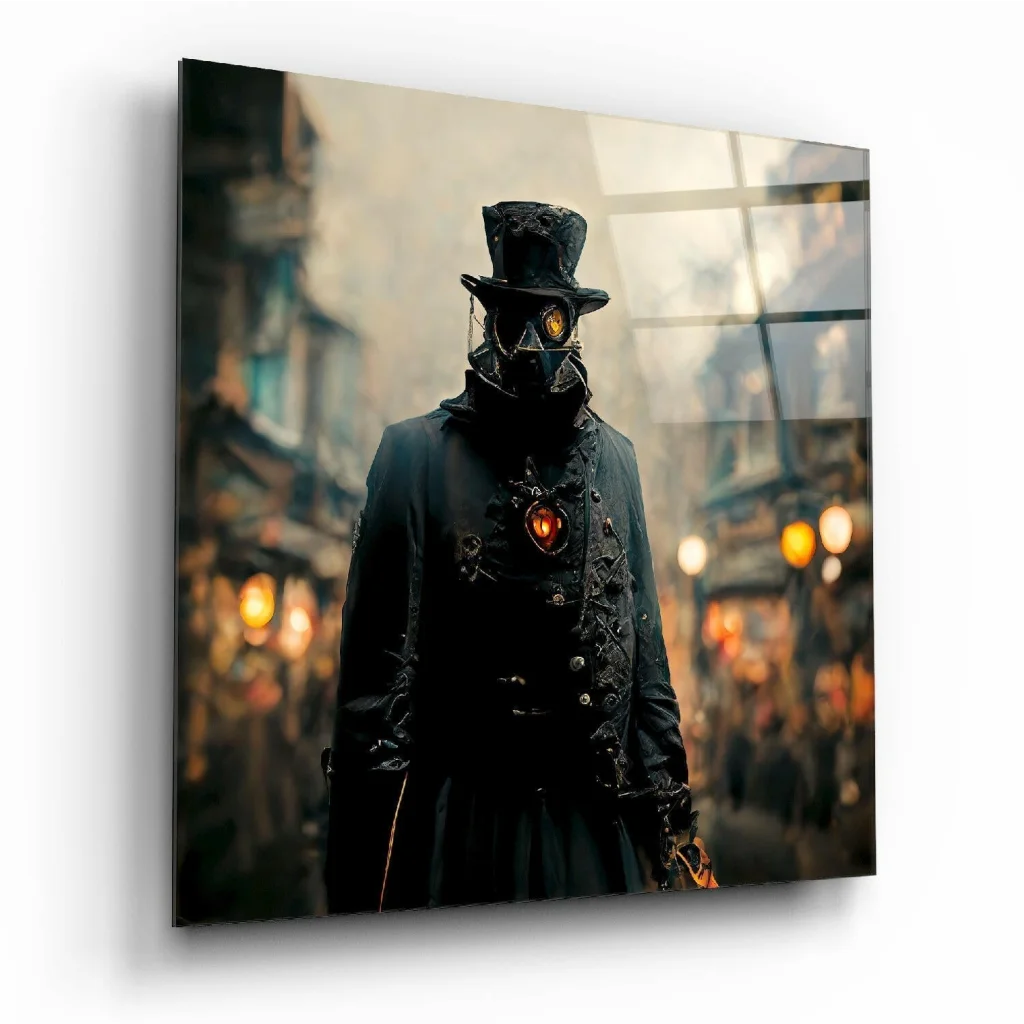 Steampunk glass wall art with masked figure, glowing goggles and heart pendant