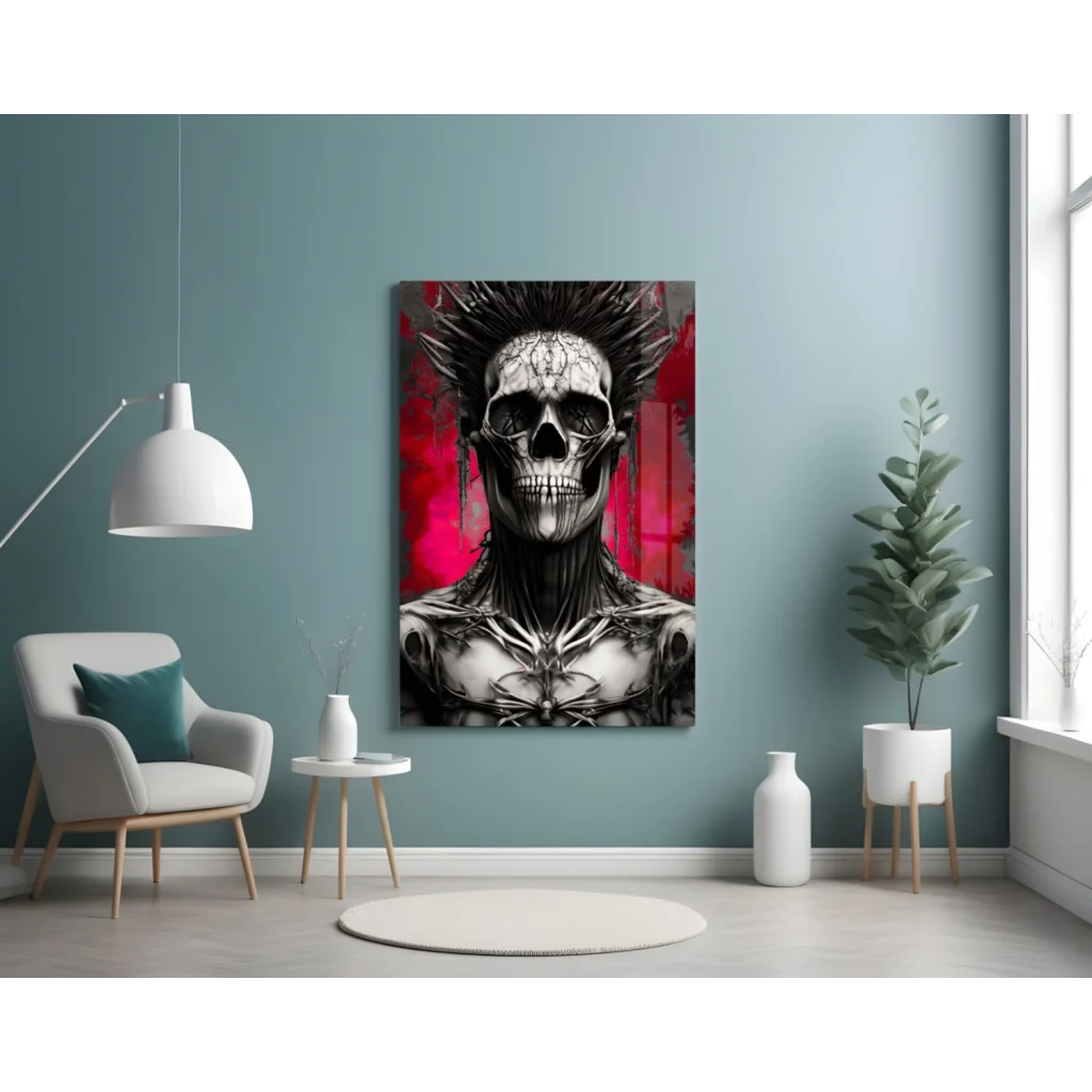 Spiky Skull Rebel Glass Wall Art with Red Background | Contemporary Home Wall Art | vintageantiquesgifts.com