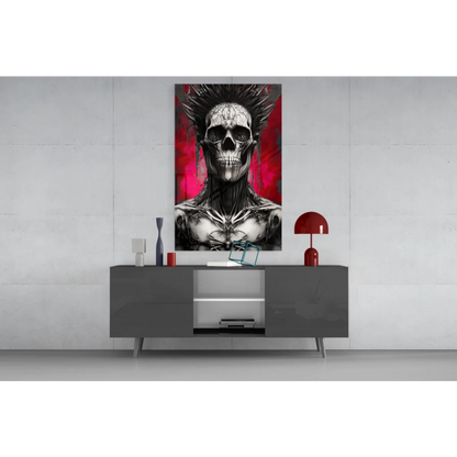Stylized spiky skull rebel glass wall art on red background