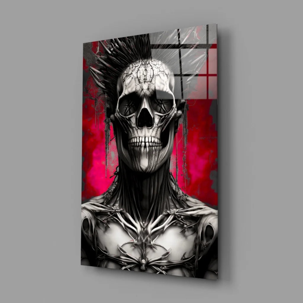 Spiky Skull Rebel Glass Wall Art with Red Background | Glass Wall Art Print | vintageantiquesgifts.com