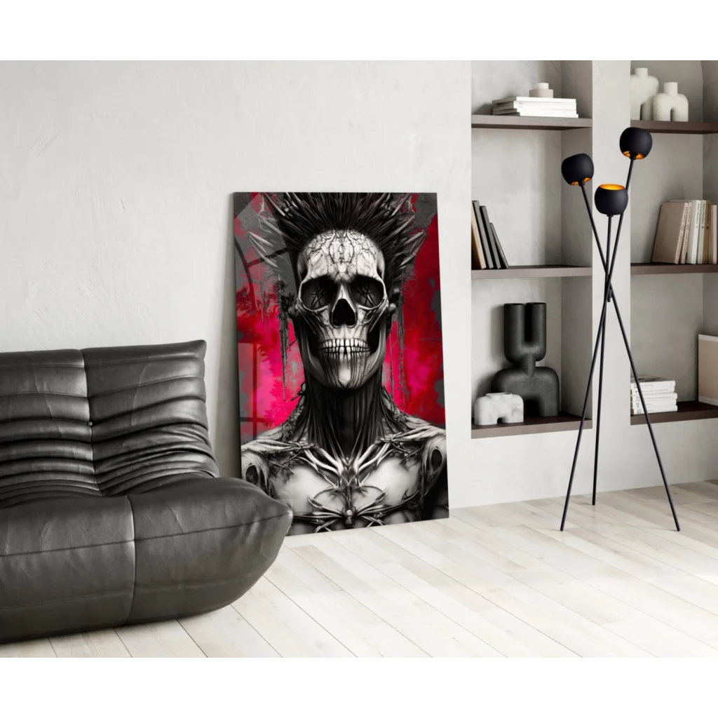 Spiky Skull Rebel glass wall art on vibrant red background
