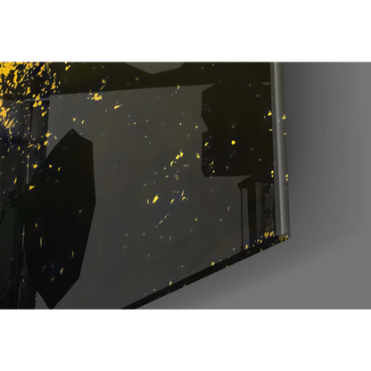 Black rectangular glass wall art with yellow speckles