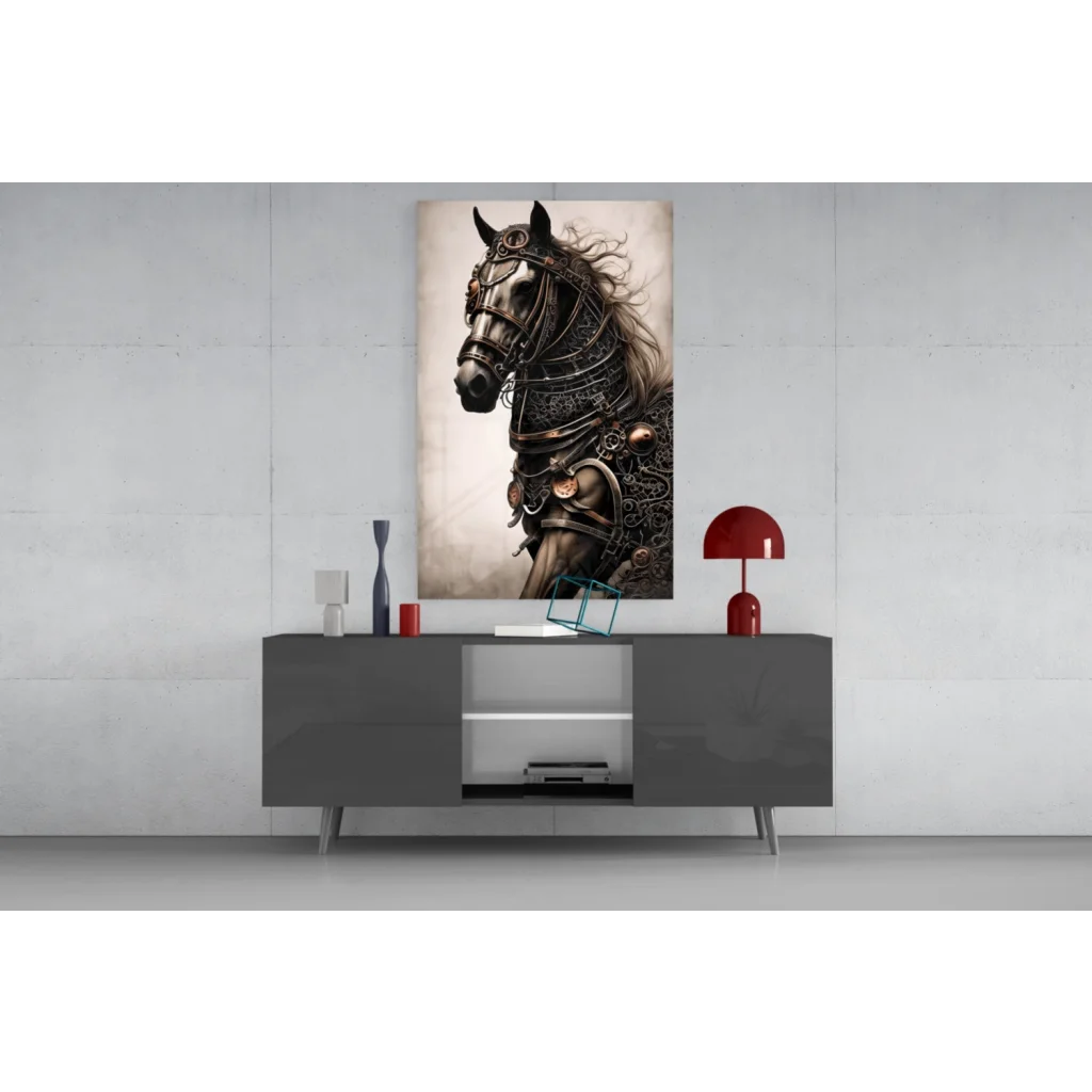 Steampunk horse wall art on gray console table
