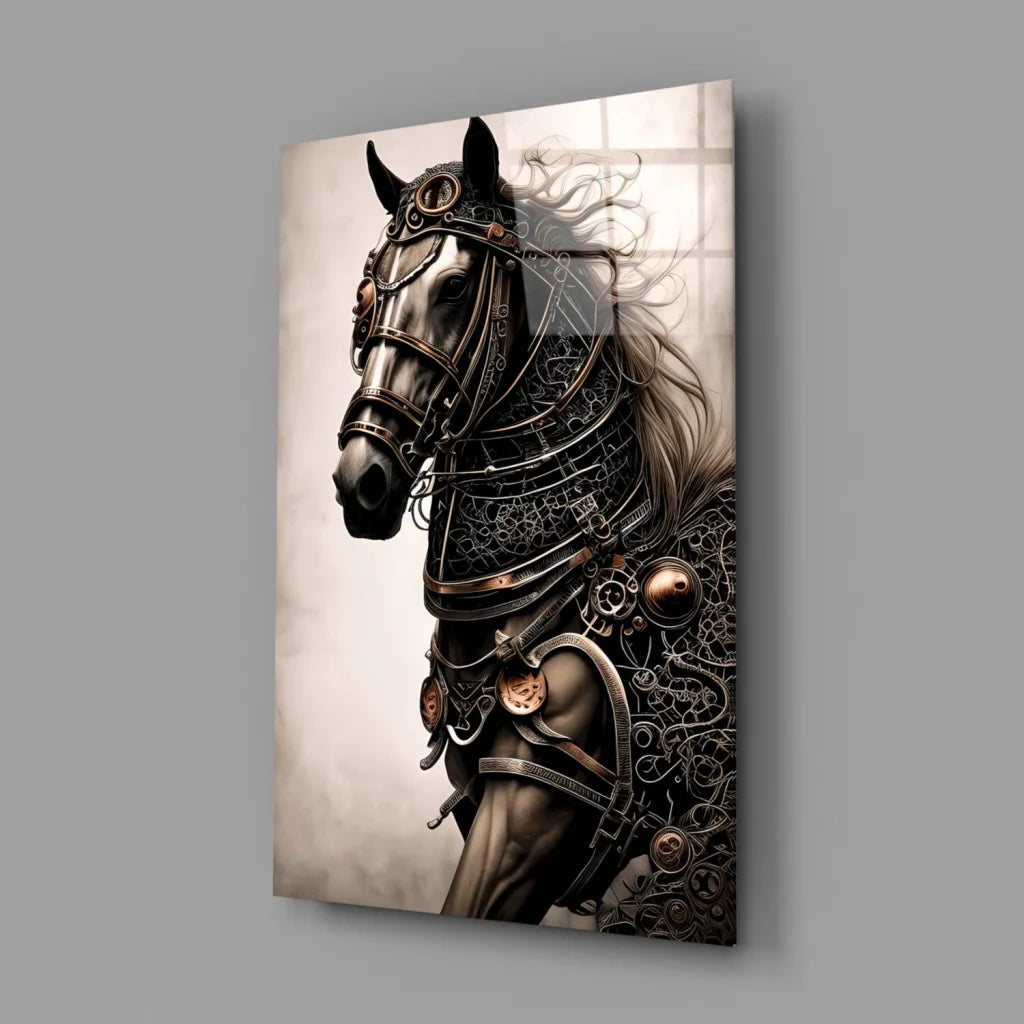Steampunk Horse Wall Art with Metallic Armor Gears | Glass Wall Art Print | vintageantiquesgifts.com