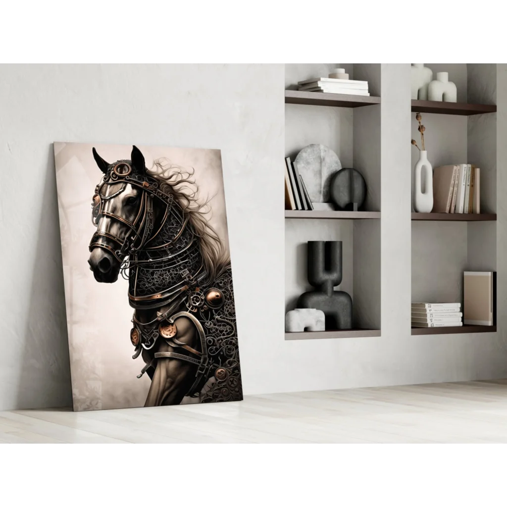 Steampunk horse wall art portrait with metallic armor and copper gears