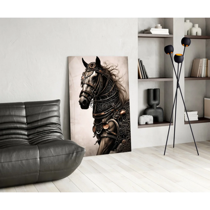 Steampunk black horse wall art canvas with metallic armor gears