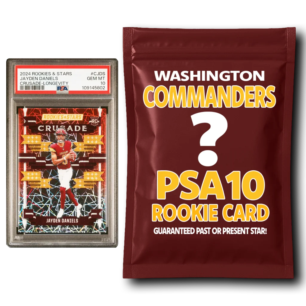 Jayden Daniels Panini Prizm rookie card and mystery pack with Washington Commanders PSA 10