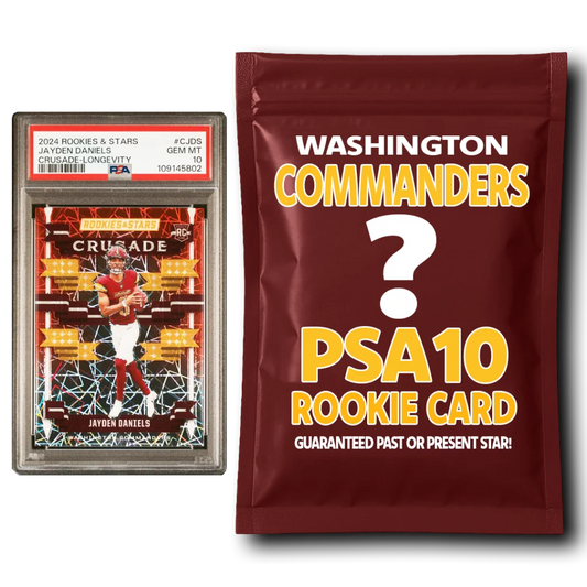 Jayden Daniels Panini Prizm rookie card and mystery pack with Washington Commanders PSA 10