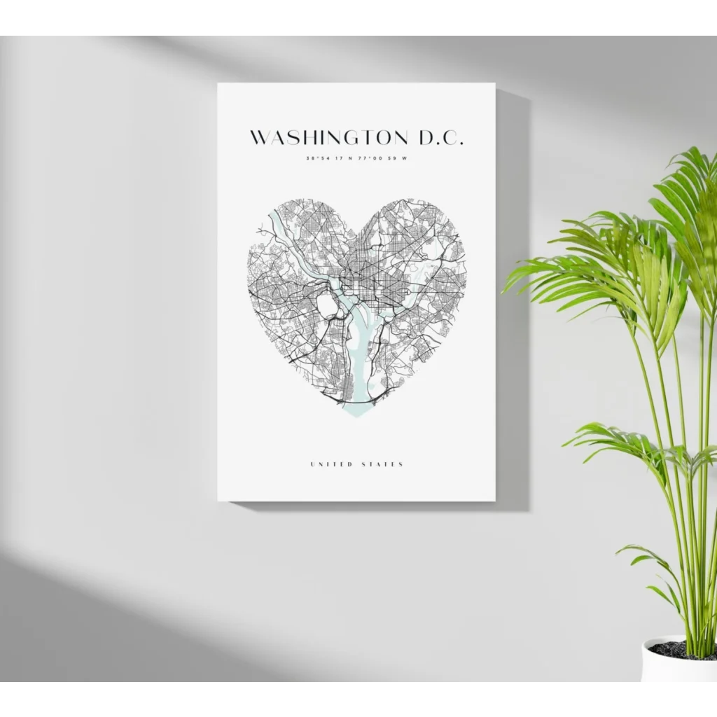 Heart-shaped Washington DC map on insigne aluminum print