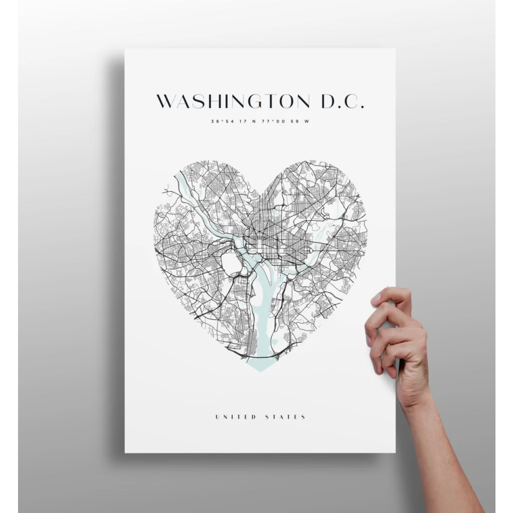 Heart-shaped Washington DC map on minimalist white insigne aluminum print