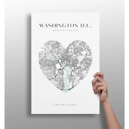 Heart-shaped Washington DC map on minimalist white insigne aluminum print
