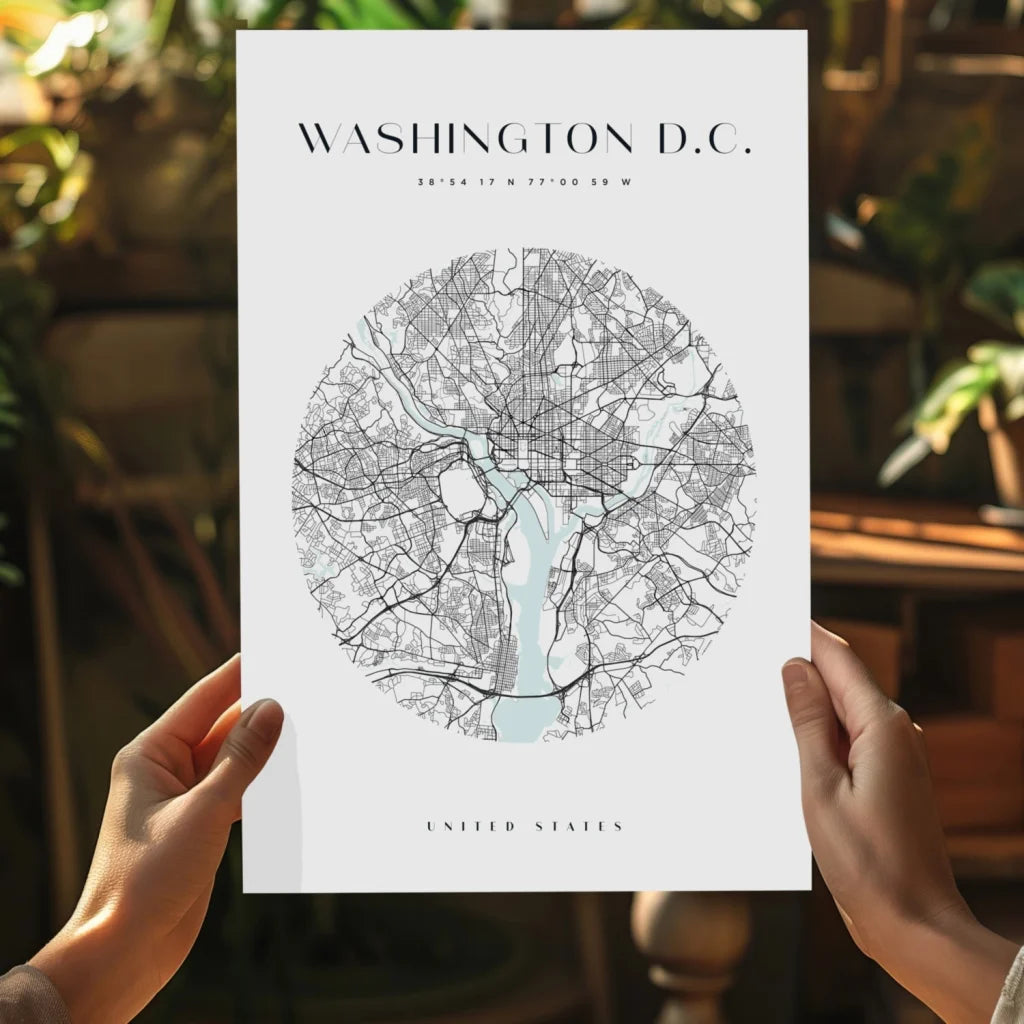 Minimalist circular Washington D.C. map on insigne aluminum print