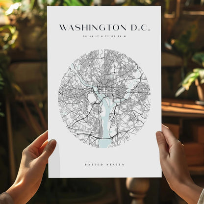 Minimalist circular Washington D.C. map on insigne aluminum print