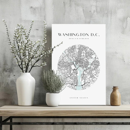 Minimalist white poster of Washington D.C. circular map on Insigne aluminum print