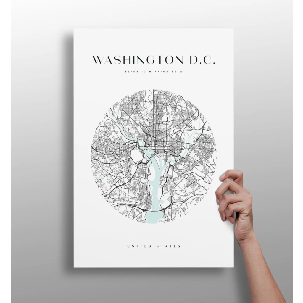 Minimalist circular Washington D.C. map poster on Insigne aluminum print