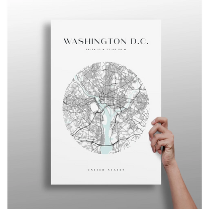 Minimalist circular Washington D.C. map poster on Insigne aluminum print