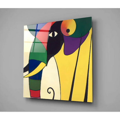 Vibrant geometric glass wall art with bold bird motif in yellow and black