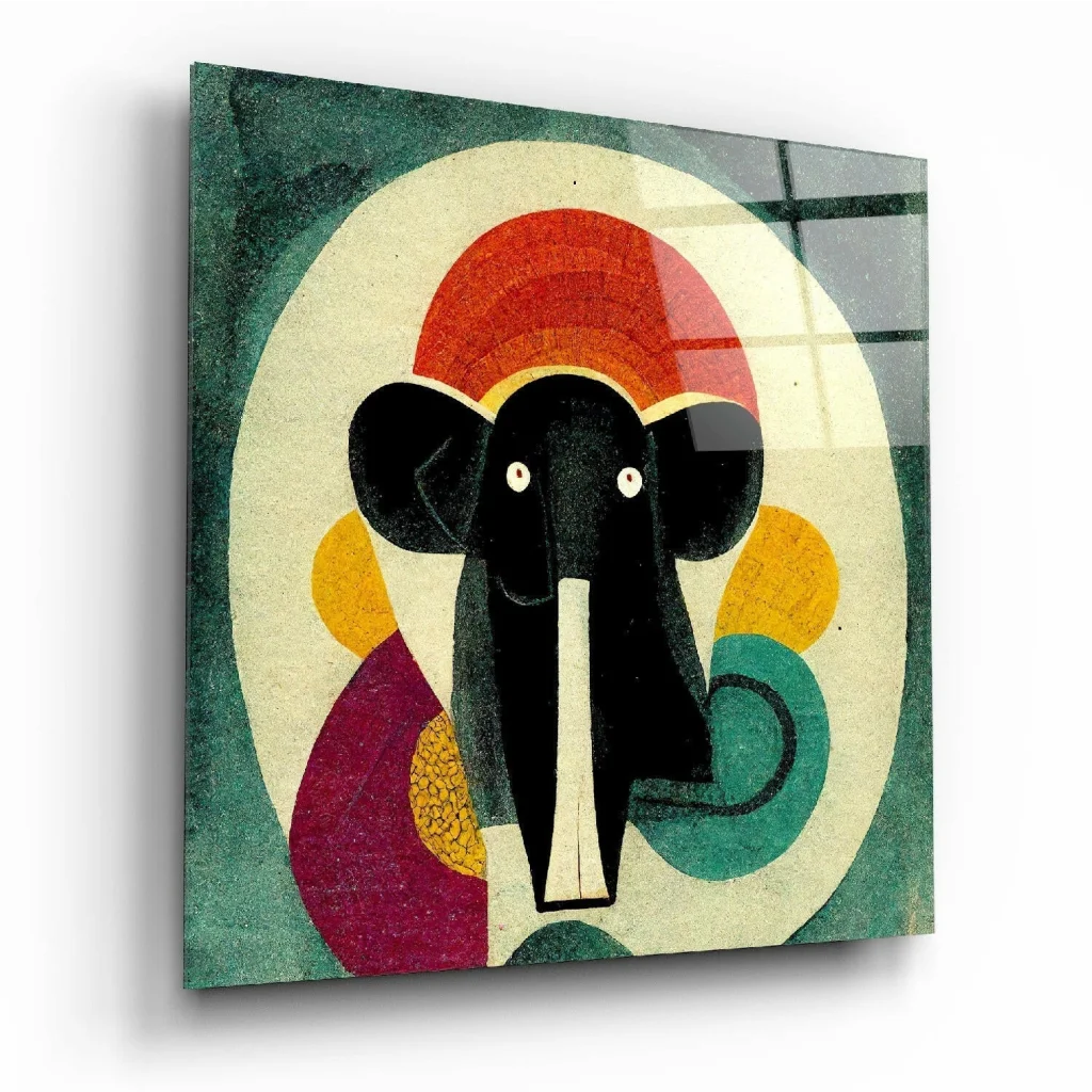 Vibrant black elephant glass wall art on colorful abstract panel